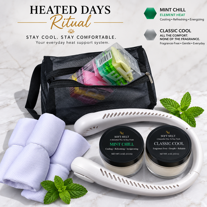 4oz Mint Chill+ 4 oz Classic Cool + neck fan + 7 pocket towels + 3 cooling towels+ black travel bag